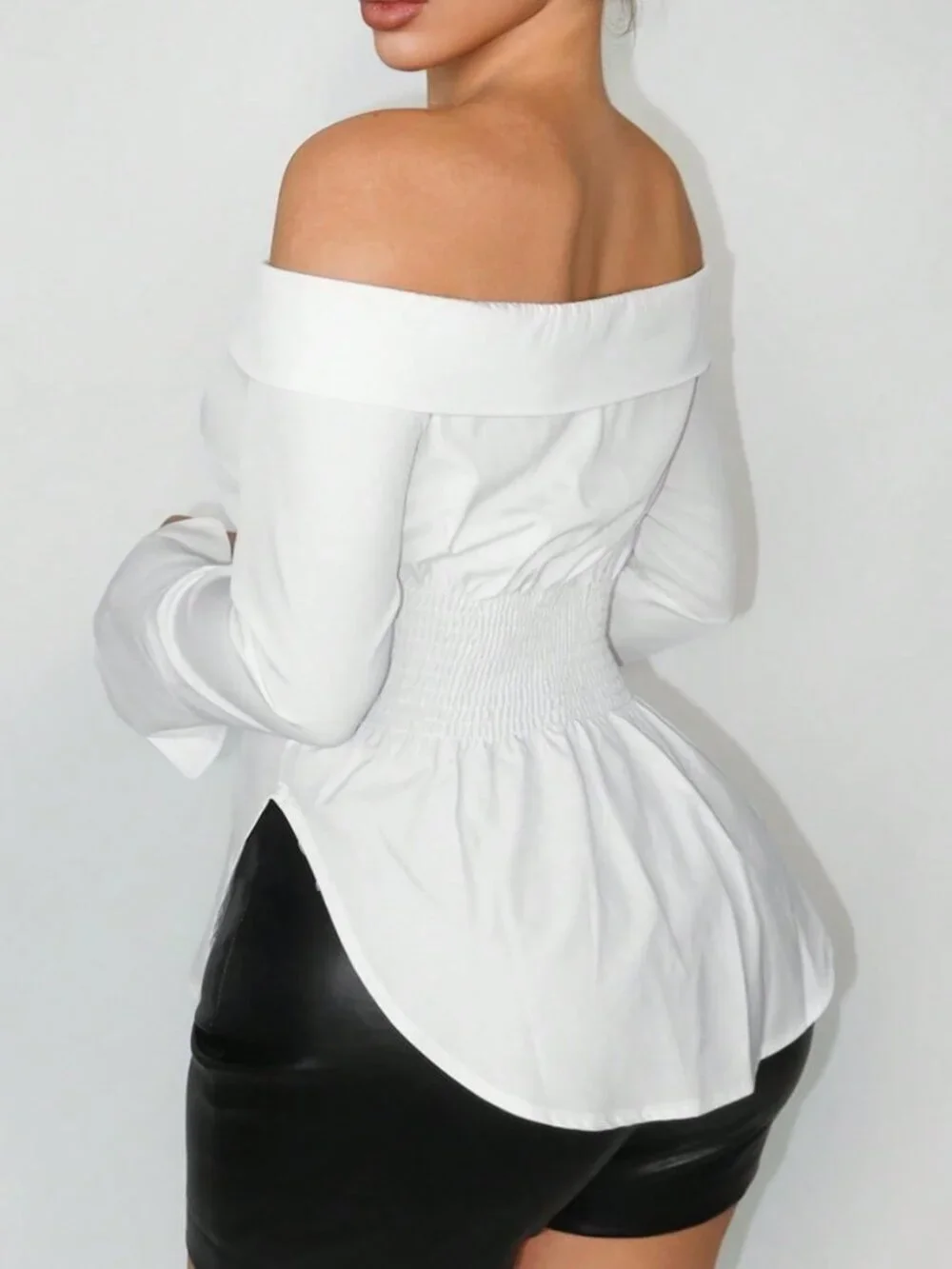 White Casual Elegant Sexy Off-Shoulder Fitted Women's Blouse With Split Hem